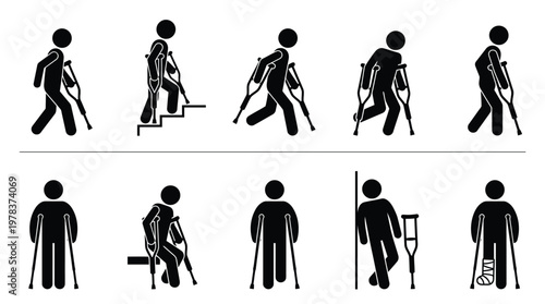 A series of figures using crutches and mobility aids representing injury and recovery silhouette