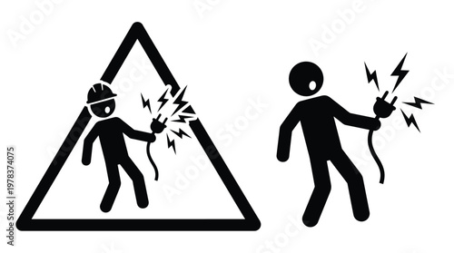 Warning sign depicting an electrician experiencing electric shock a dangerous situation silhouette
