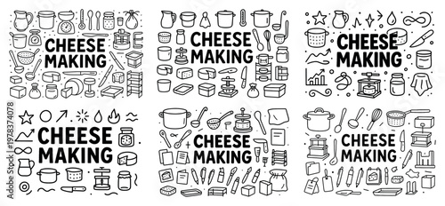 Cheese icons with pot spoon wheel outline