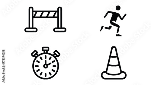 Running Icon Set: A minimalistic collection of sports-themed icons captures the essence of running, timing, and hurdles in a clear, concise visual language.