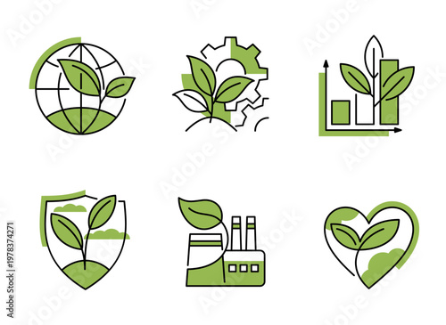 Ecology and green strategy outline icons with multi-purpose symbols 