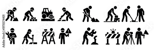 Construction icons with worker shovel bulldozer bold