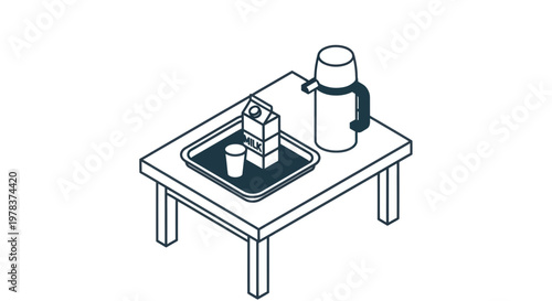 Table with tray, milk carton, cup, and thermos flask - minimalist line art illustration