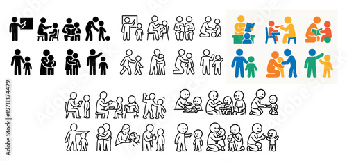 Community icons with parent child teacher outline