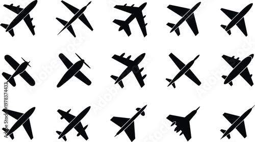 Airplane silhouette vector icon set, black aircraft collection for travel, aviation industry, flight transport design