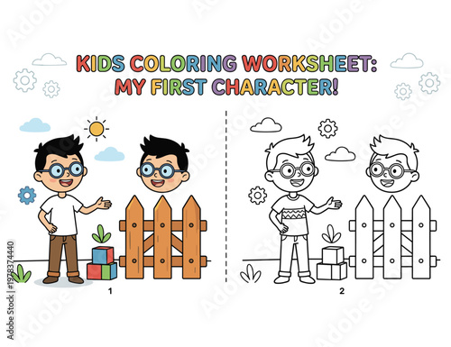 Kids coloring worksheet my first character with cartoon boy and wooden fence.