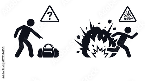 A person reacts to an explosion near a bag depicted in stark black silhouette