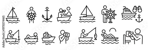 Nautical icons with sail boat anchor outline