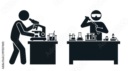 Two scientists conduct experiments at lab benches depicted in a striking silhouette