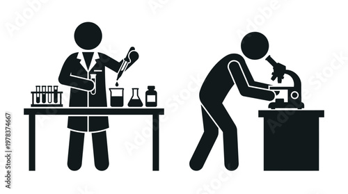 Two scientists conducting laboratory experiments with equipment a distinct black silhouette