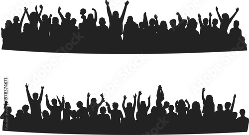 Cheering crowd silhouettes, black icons of people hands up for concert, sports and festival event design