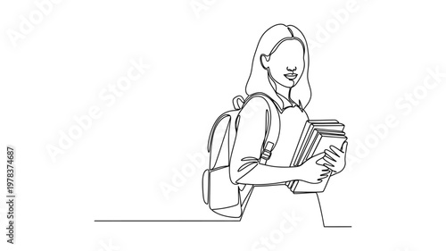 a woman with a backpack reading a book. Continuous line style. Hand drawn. Line art. Vector design. illustration