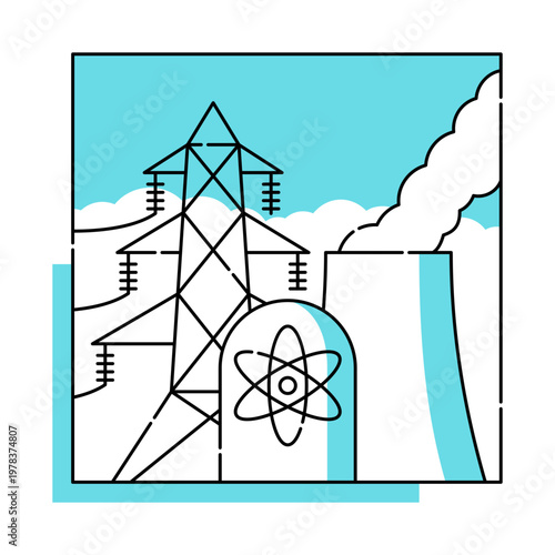 Nuclear power plant icon in thin line and blue sky fill