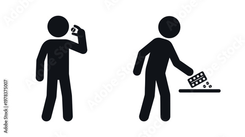 Two figures interact with pills in a stark minimalist black silhouette