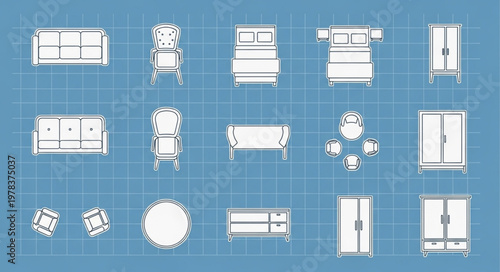 Top Down View Of Furniture Icons On Blue Grid Background.