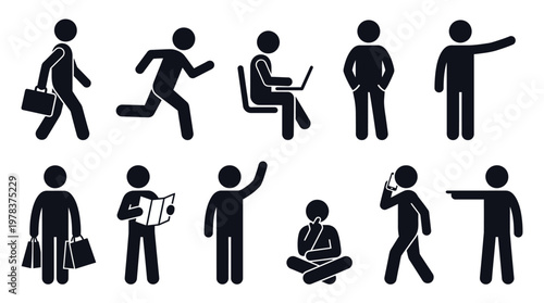 Diverse group of stick figures engaged in various daily activities black silhouette