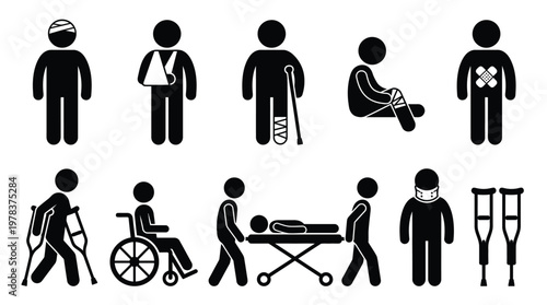 Illustrations of injured people with various disabilities depicted in black silhouette