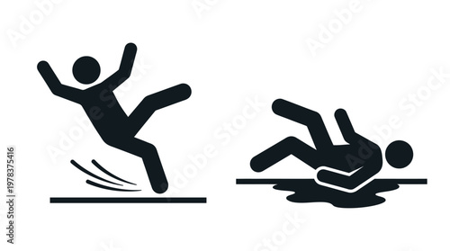 Two figures are depicted falling one mid air and one on a slippery surface silhouette