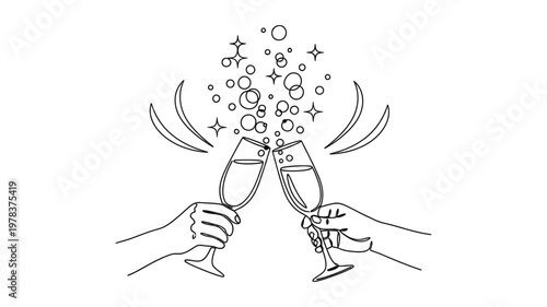 Hands holding champagne glasses celebrating. Continuous line style. Hand drawn. Line art. Vector design. illustration