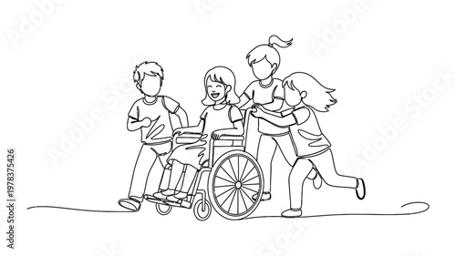 a family with a disabled child. Continuous line style. Hand drawn. Line art. Vector design. illustration
