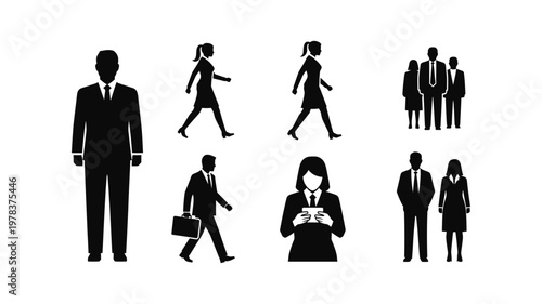 Silhouette icons of business people walking and working.