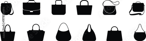 Fashion handbags and lady bags silhouette icon set, black vector collection for shopping, retail business