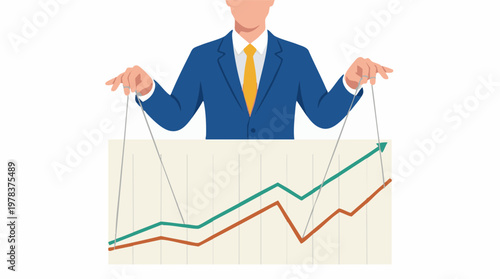 Businessman manipulating financial growth graphs with strings, market control