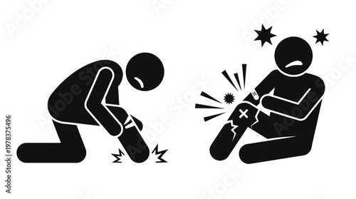 Two figures display injury and pain one kneeling and one seated in silhouette