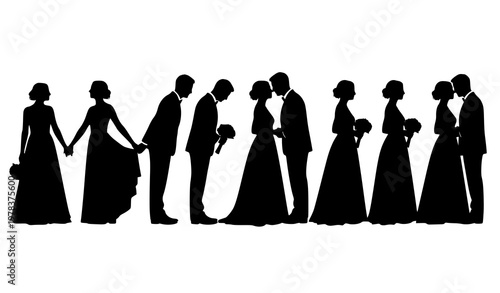 Wedding couple silhouette sequence vector with bride and groom romantic poses leading to kiss isolated on white