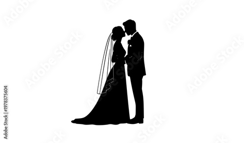 Bride and groom silhouette about to kiss vector with romantic wedding couple in elegant pose isolated on white background