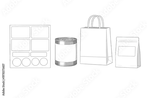 A set of unbranded packaging mockups including label sheets, a metal