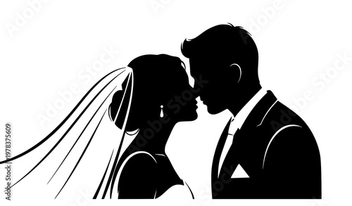 Romantic bride and groom silhouette close up vector illustration of wedding couple about to kiss isolated on white