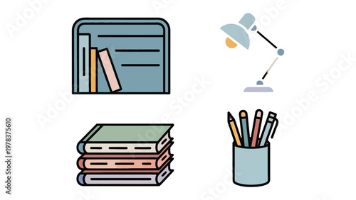 Study Supplies: A collection of essential study tools - books, desk lamp, and stationery - forming the cornerstones of a focused learning environment.