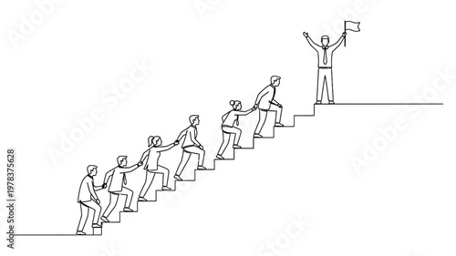 Businessman climbing up the corporate ladder. Continuous line style. Hand drawn. Line art. Vector design. illustration