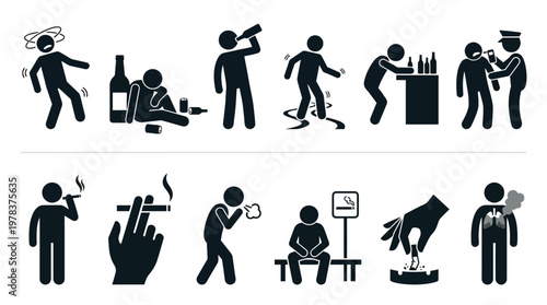 Stick figures depict various negative behaviors including drinking smoking and public disturbance silhouette