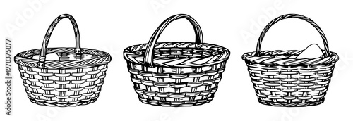 Picnic basket set with hand-inked line art featuring classic design, simple outline, white background with picnic and kitchen items