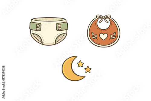 A collection of three baby-themed stickers including a diaper, a bib