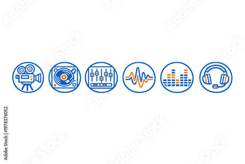 A set of six circular icons representing audio and video production