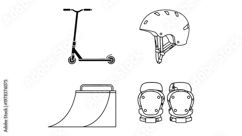 Scooter Set: An illustration of a scooter setup with a helmet, kneepads and a mini ramp, perfect for adventurous activities and safety measures