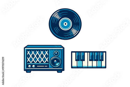 A minimalist flat vector illustration featuring a vinyl record, a