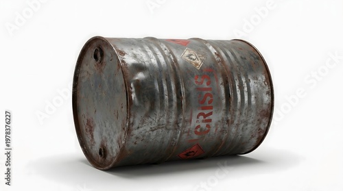 Damaged oil barrel isolated on white background representing instability and energy crisis.