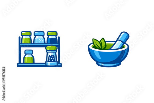 A set of cartoon stickers showing a spice rack with five seasoning