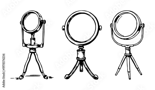 Magnifying glass set with antique design featuring optical instrument, scientific tool, investigation with discovery and exploration
