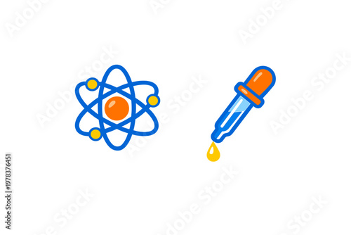 A flat vector illustration featuring a stylized blue atom symbol with