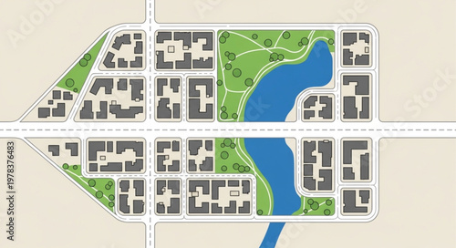 Urban Planning Map with Buildings and Green Spaces.