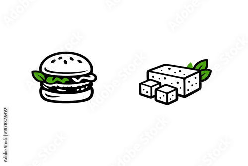 A minimalist illustration of a plant-based burger and a block of tofu