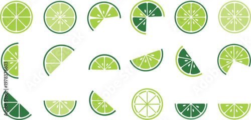 Lime slice icon collection vector set featuring minimal green citrus segments and wedges isolated on transparent background for fresh modern design