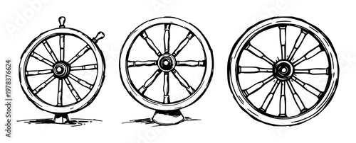 Spinning wheel set with rough sketchy art design featuring antique, primitive, vintage with traditional and craftsmanship elements