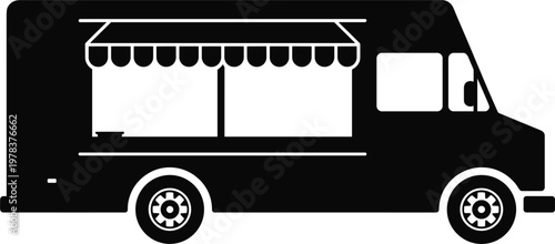Modern food truck silhouette, black mobile kitchen icon for street festival, restaurant catering and delivery service