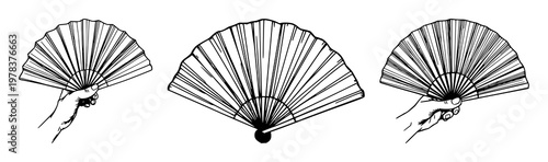 Antique handheld fan set with sketchy line art design featuring traditional, decorative, elegant, and vintage aesthetic with outline style